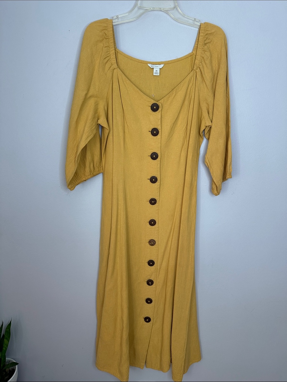 Mustard Button-Front Linen Blend Midi Dress with Puff Sleeves